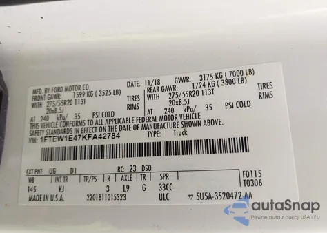 2019 Ford F-150 King Ranch/Lariat/Platinum/Xl/Xlt from USA, damaged, VIN 1FTEW1E47KFA42784